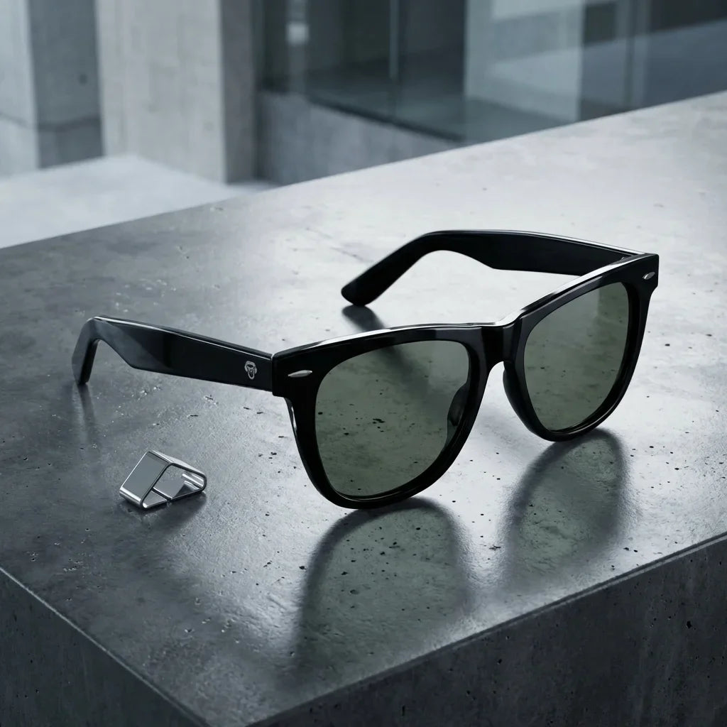 Lentes sol Valencia polarizados UV400 sobre concreto urbano textura industrial Bonoboss #color_negro