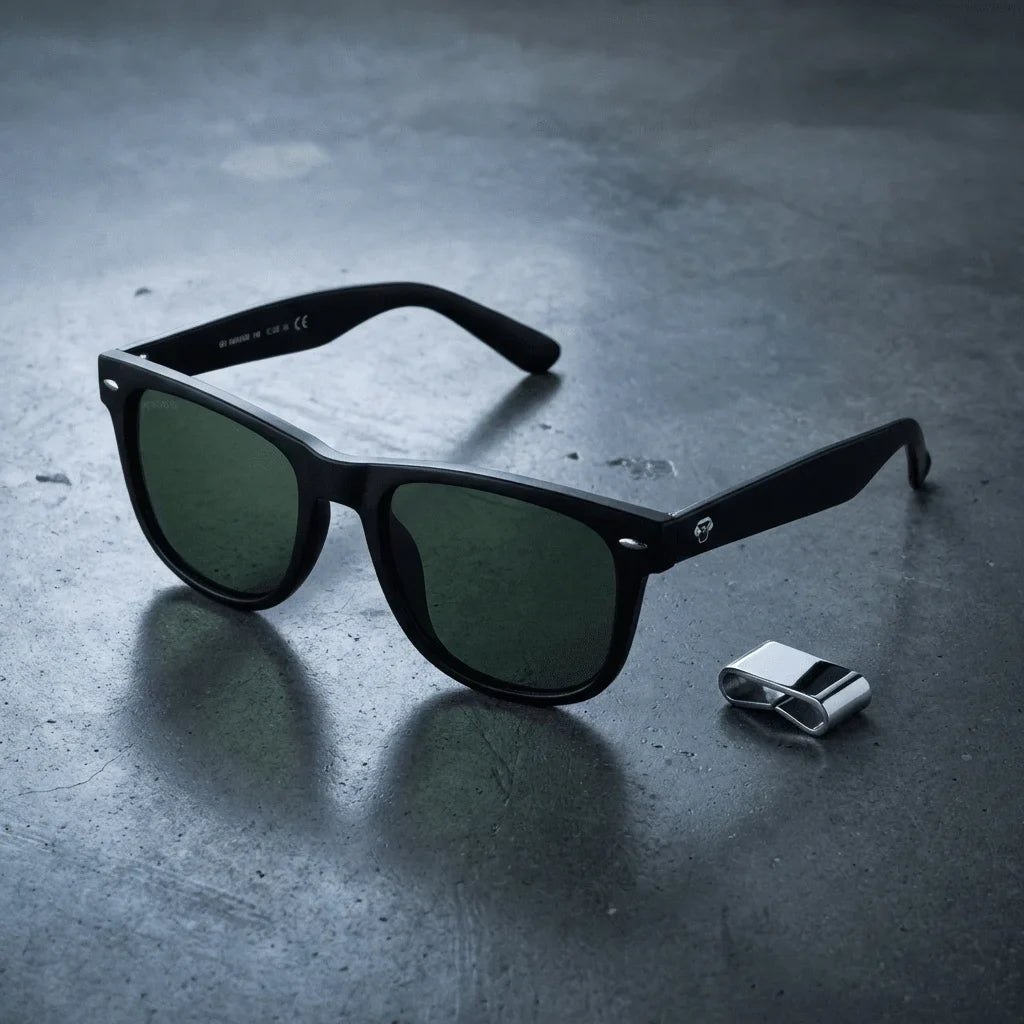 Lentes sol Acacia XL polarizados UV400 sobre concreto urbano textura industrial Bonoboss #editorial_polarizado #color_g15
