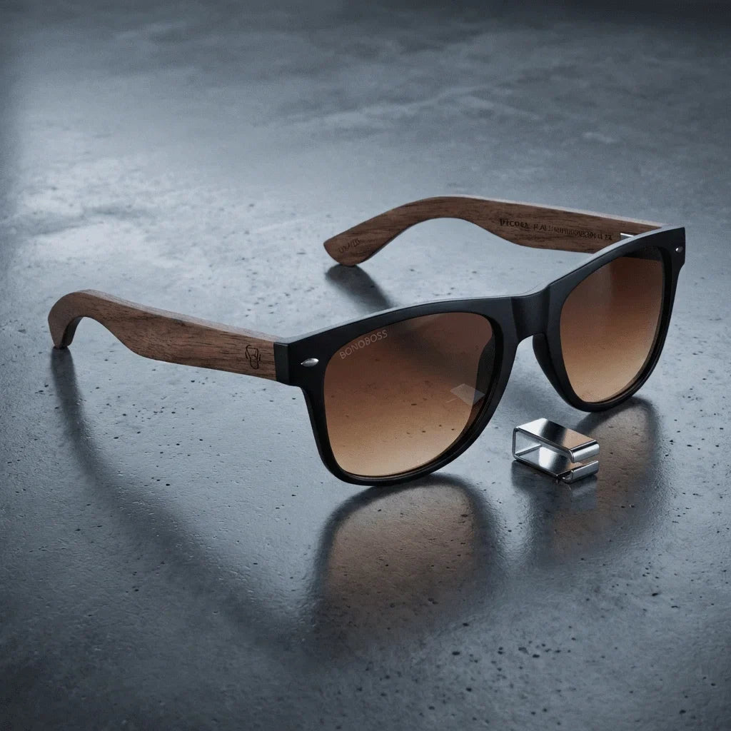 Lentes sol Acacia Nogal polarizados UV400 sobre concreto urbano textura industrial Bonoboss #color_gradiente-cafe
