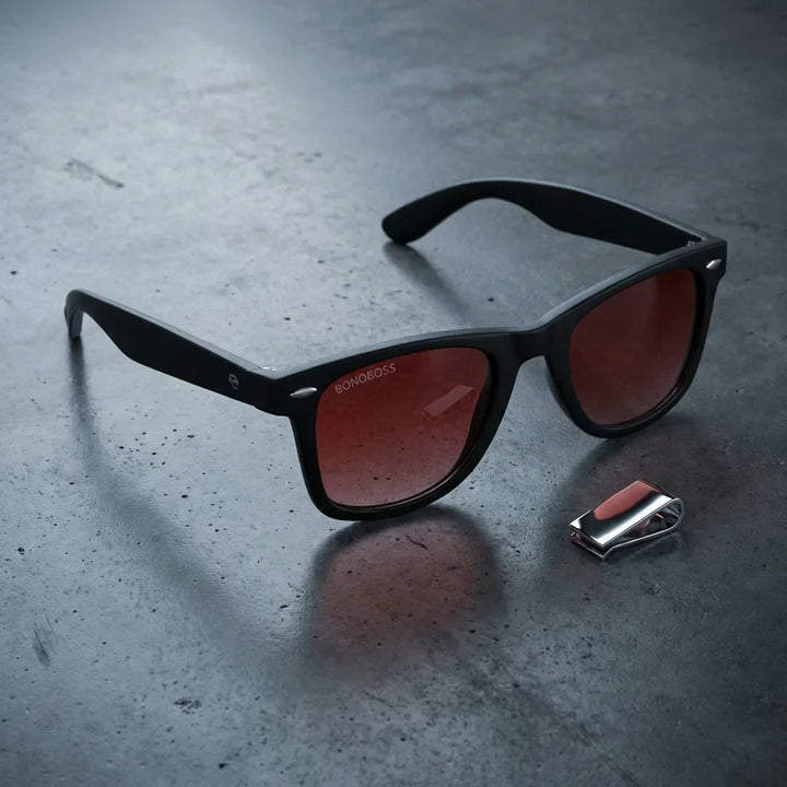 Lentes sol Acacio RPET polarizados UV400 sobre concreto urbano textura industrial Bonoboss #color_rojo