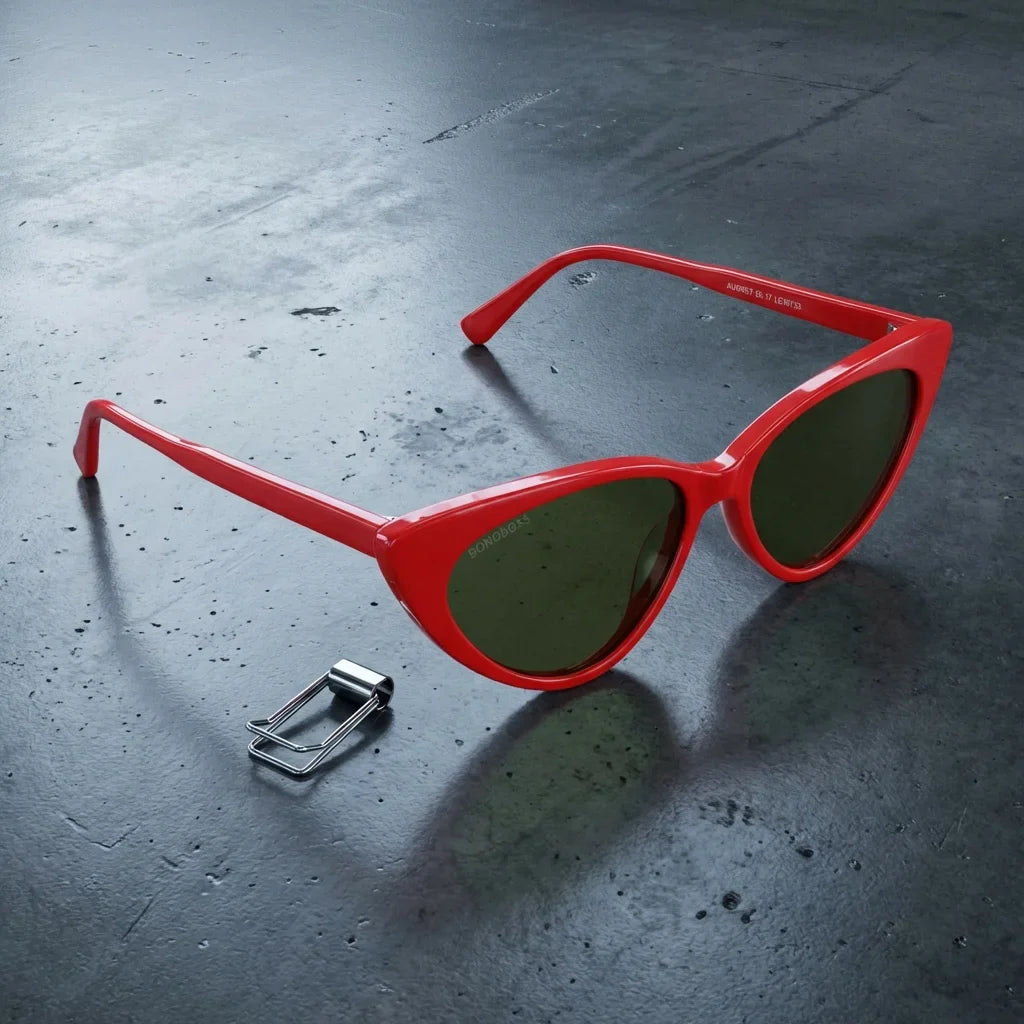 Lentes sol Audrey Red polarizados UV400 sobre concreto urbano textura industrial Bonoboss #color_rojo