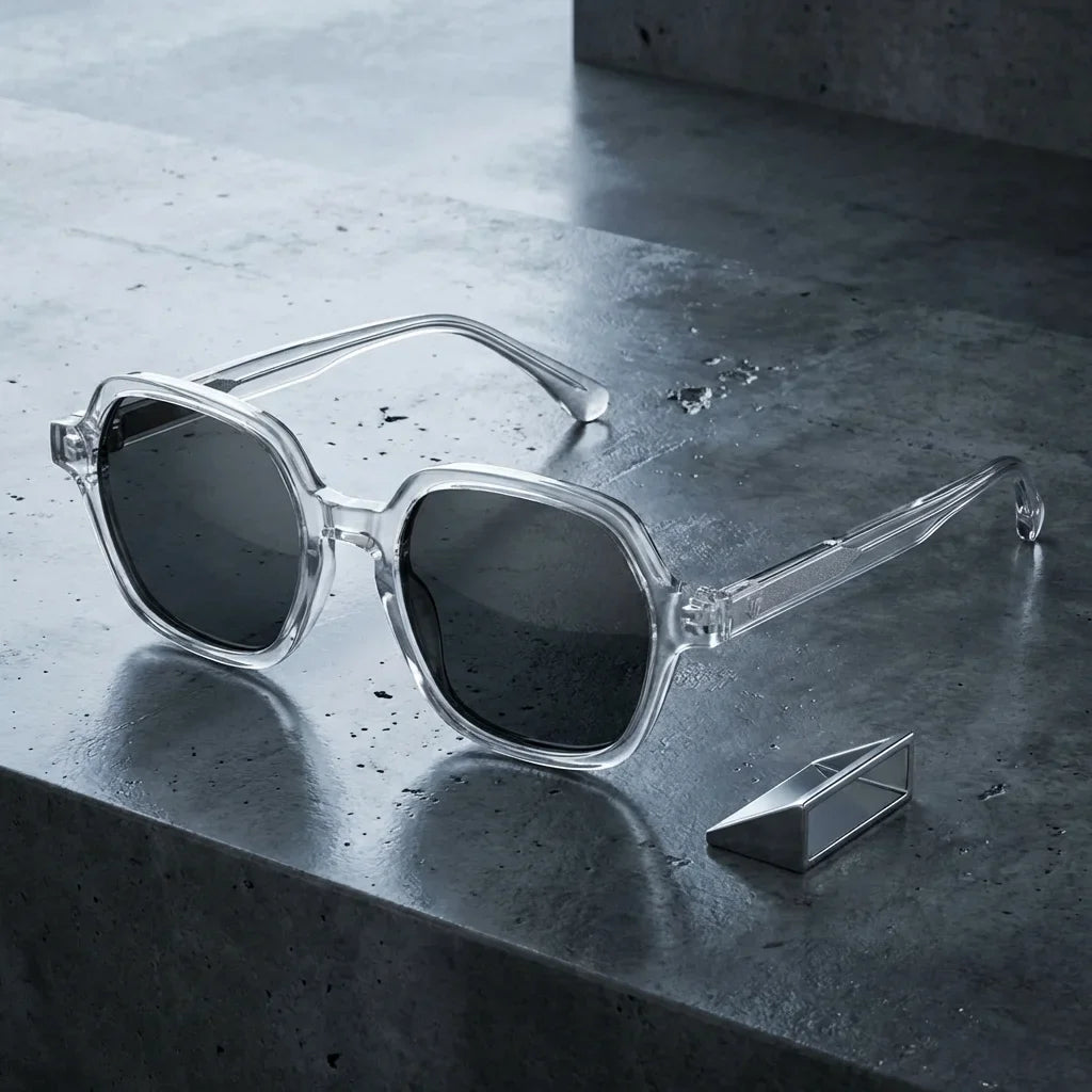 Lentes sol Canarias polarizados UV400 sobre concreto urbano textura industrial Bonoboss #color_transparente