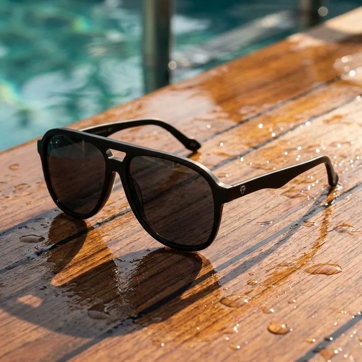 Lentes sol Orson polarizados UV400 sobre madera teca con agua fresca Bonoboss #color_negro