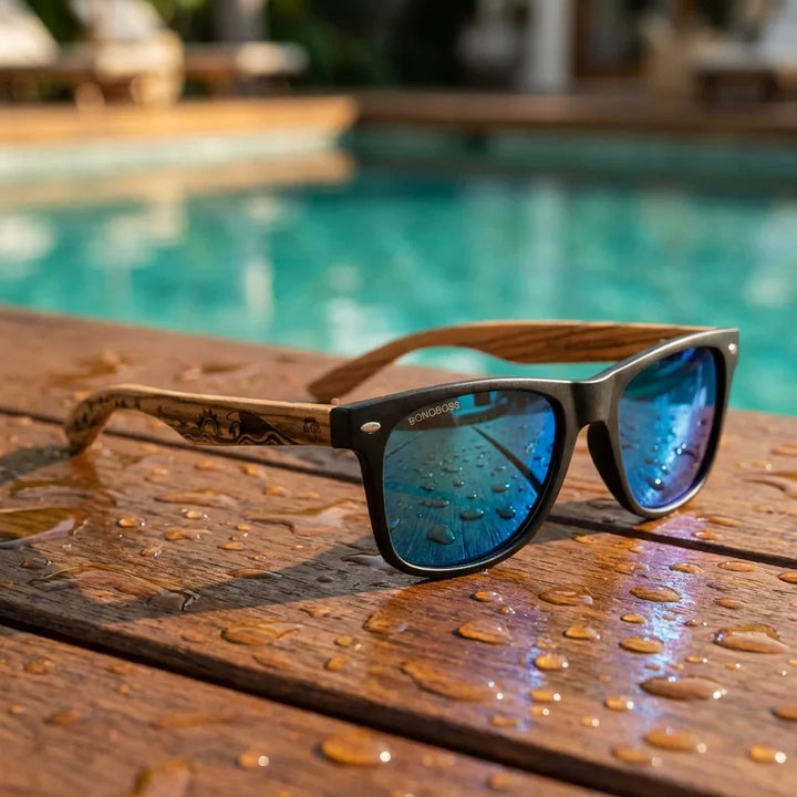 Lentes sol Acacia Designers polarizados UV400 surf sky sobre teca con agua fresca Bonoboss #editorial_grid1 #color_surf-sky