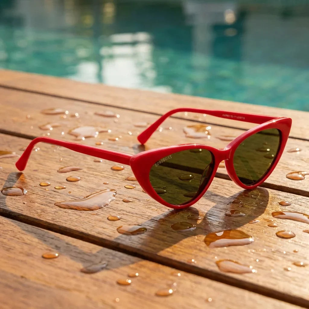 Lentes sol Audrey Red polarizados UV400 rojo sobre teca con agua fresca Bonoboss #editorial_grid1 #color_rojo