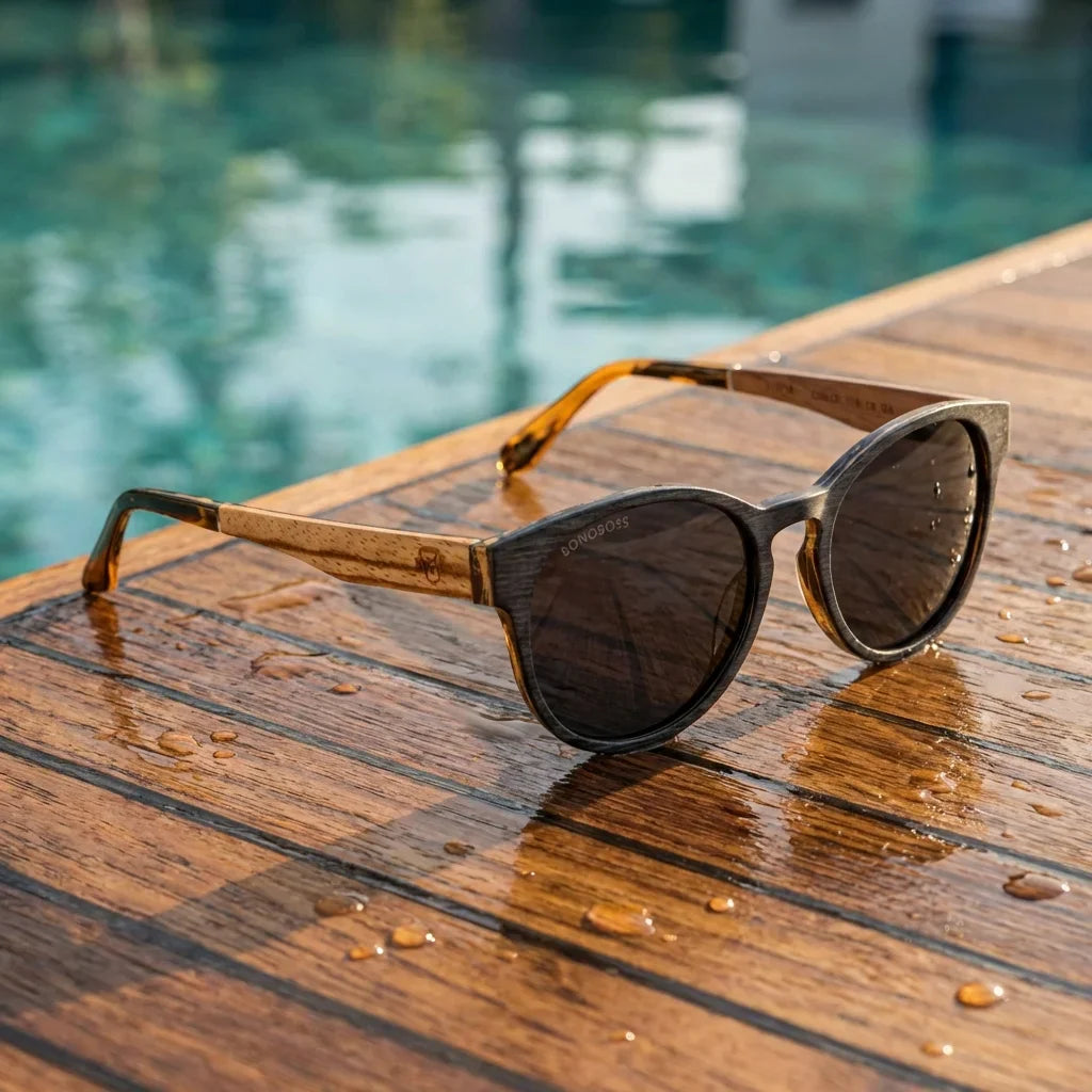 Lentes sol Chiloé 110 Wood polarizados UV400 sobre madera teca con agua fresca Bonoboss #color_gris