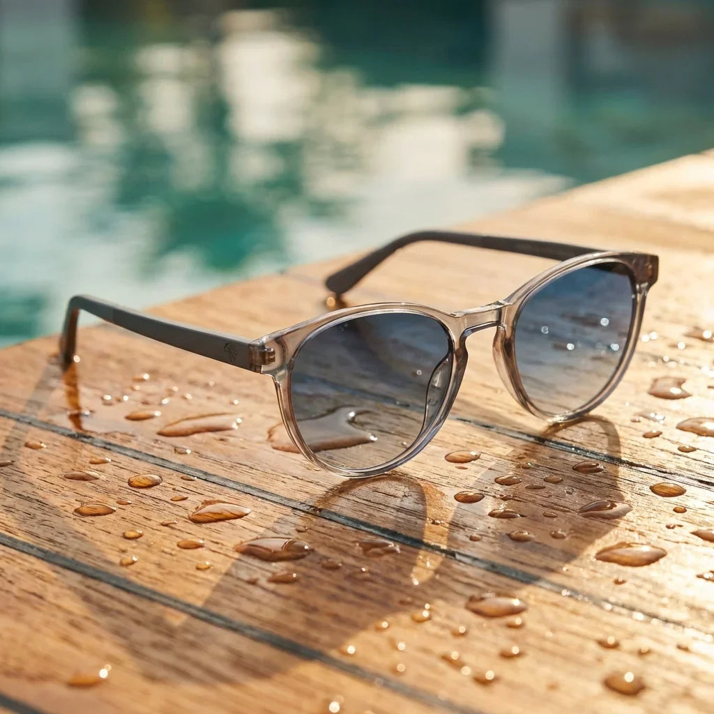 Lentes sol Chiloe 220 Black polarizados UV400 degrade azul sobre teca con agua fresca Bonoboss #editorial_grid1 #color_degrade-azul