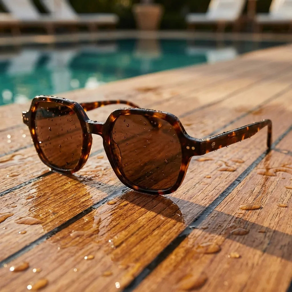Lentes sol Canarias polarizados UV400 sobre madera teca con agua fresca Bonoboss #color_carey