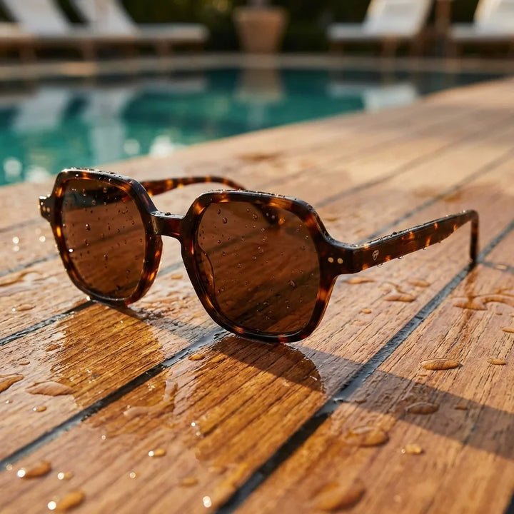 Lentes sol Canarias polarizados UV400 sobre madera teca con agua fresca Bonoboss #color_carey