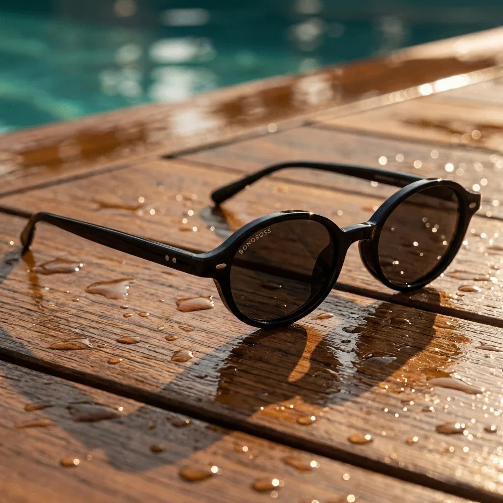 Lentes sol Capri polarizados UV400 sobre madera teca con agua fresca Bonoboss #editorial_grid1 #color_negro