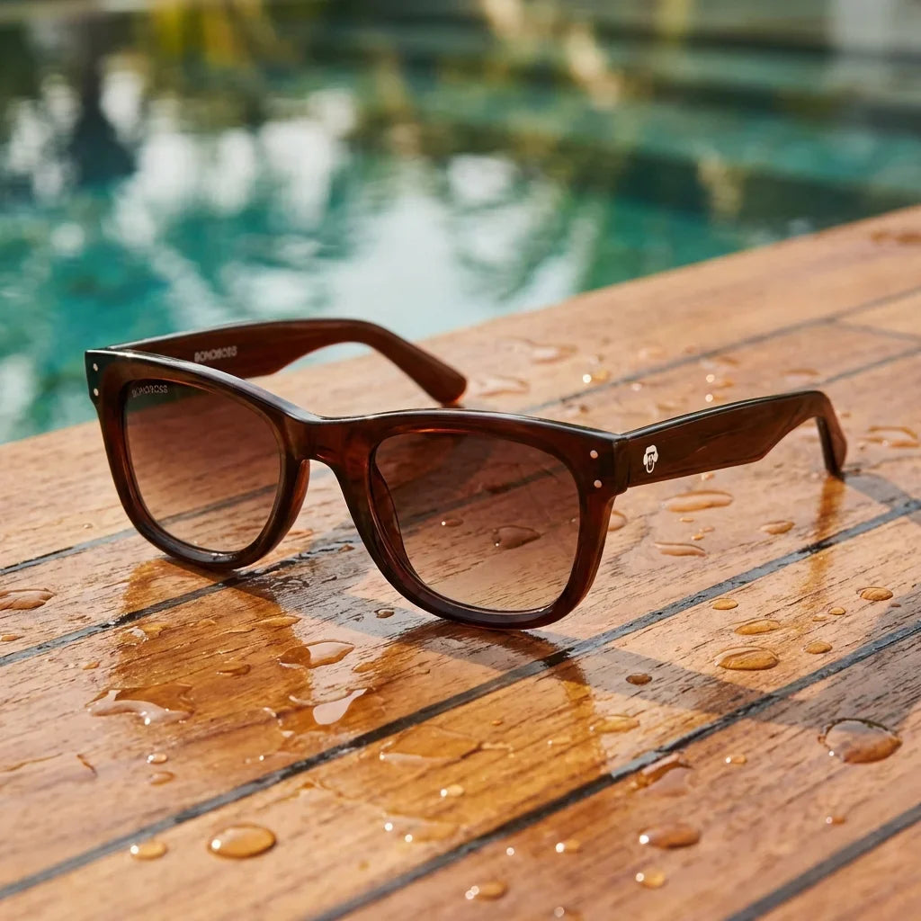 Lentes sol Acacia Reverse polarizados UV400 sobre madera teca con agua fresca Bonoboss #color_brown