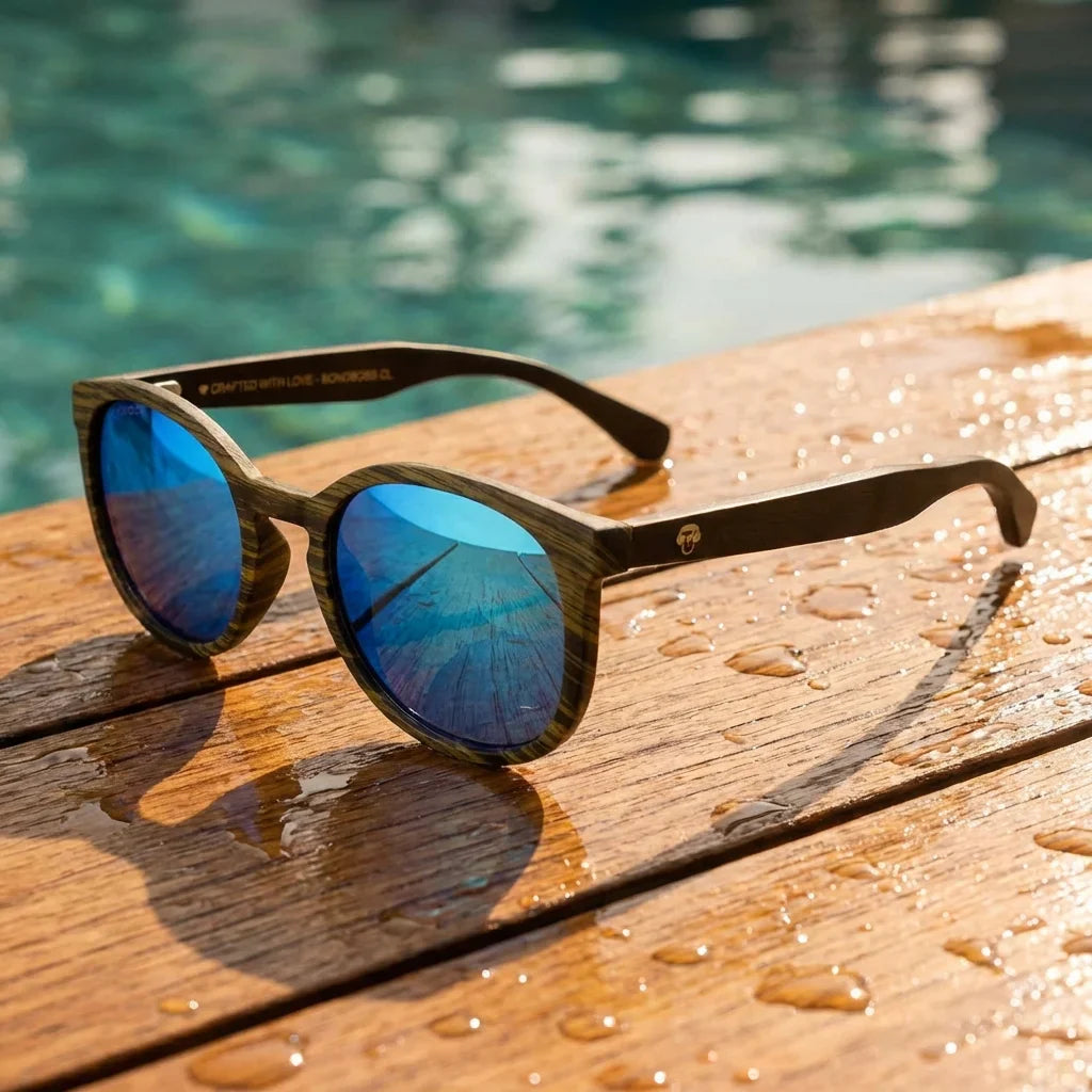Lentes sol Meli Ebony polarizados UV400 sobre madera teca con agua fresca Bonoboss #color_espejado-azul