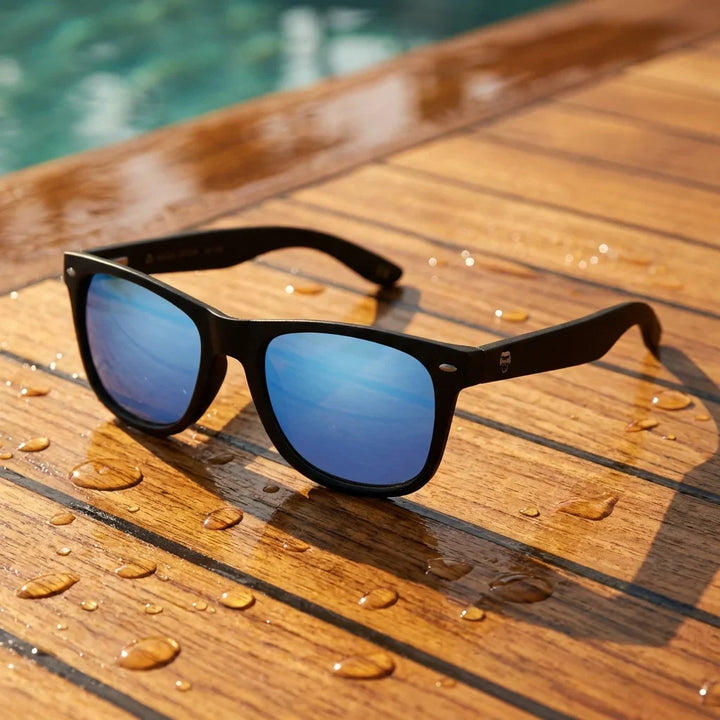 Lentes sol Acacia Dark polarizados UV400 sobre madera teca con agua fresca Bonoboss #editorial_grid1 #color_sky