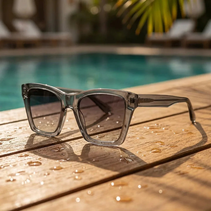 Lentes sol Bruna Retro Polarizado UV400 transparente sobre teca con agua fresca Bonoboss #editorial_grid1 #color_transparente