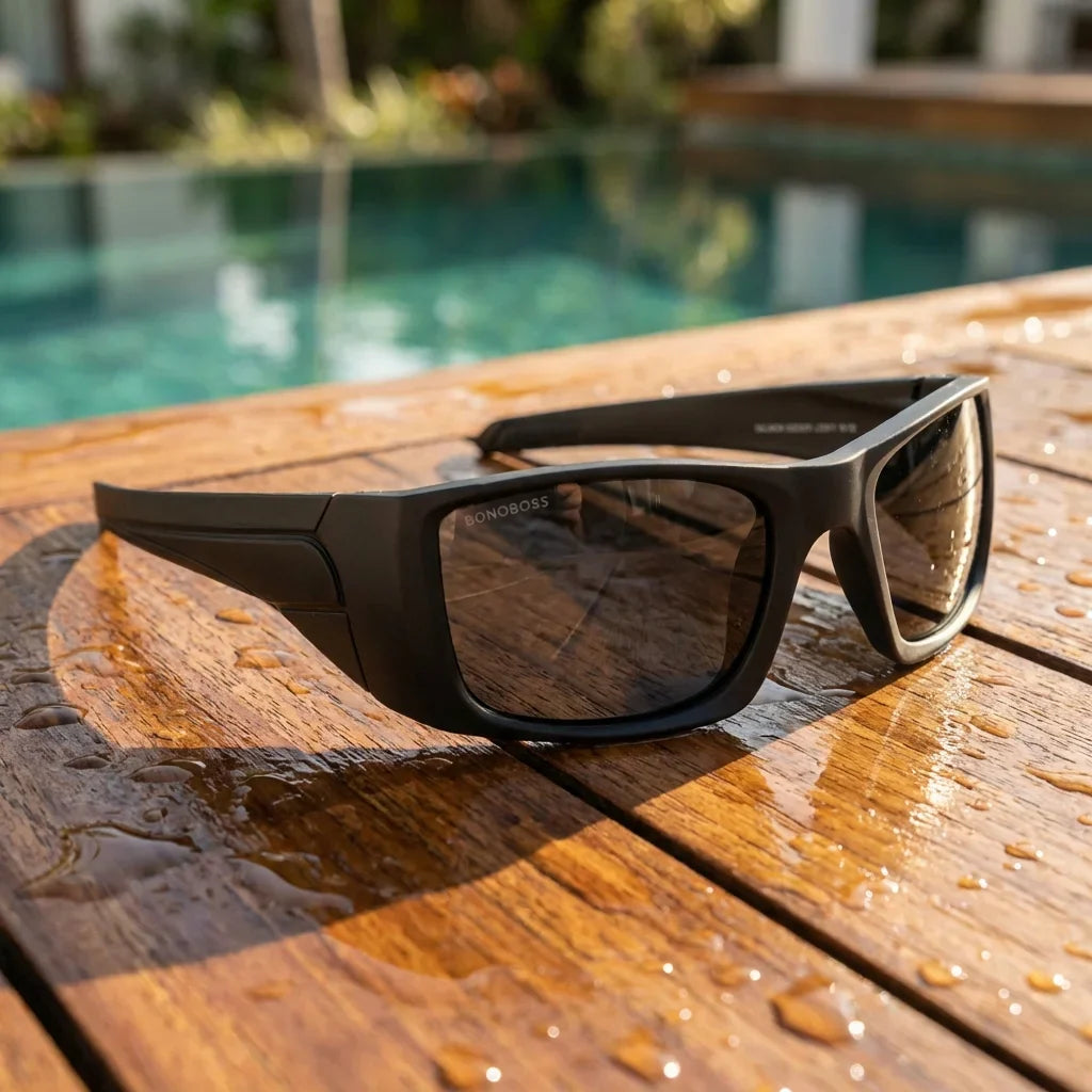 Lentes sol Salmon Seeker polarizados UV400 bio-acetato dark sobre teca con agua fresca outdoor fishing Bonoboss #editorial_grid1 #color_dark