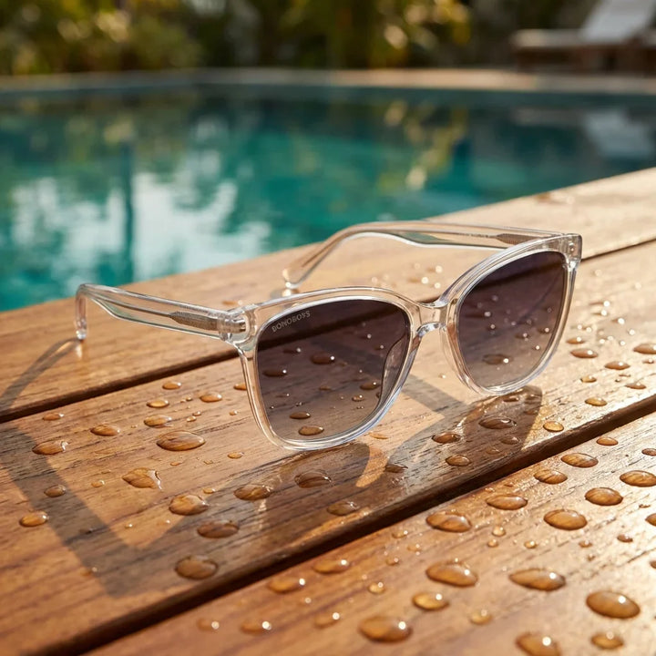 Lentes sol Tiare ❀ polarizados UV400 sobre madera teca con agua fresca Bonoboss #color_transparente