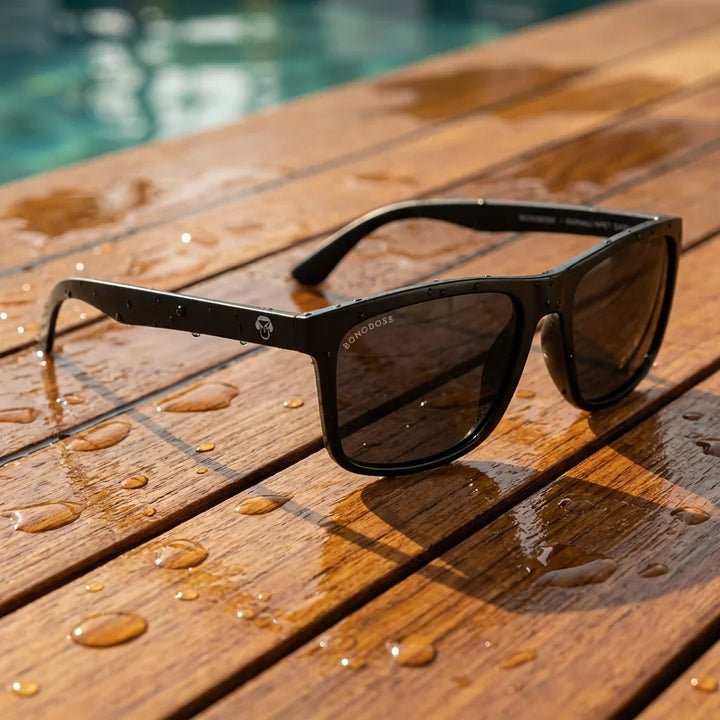 Lentes sol Rapanui RPET polarizados UV400 sobre madera teca con agua fresca Bonoboss #editorial_grid1 #color_dark