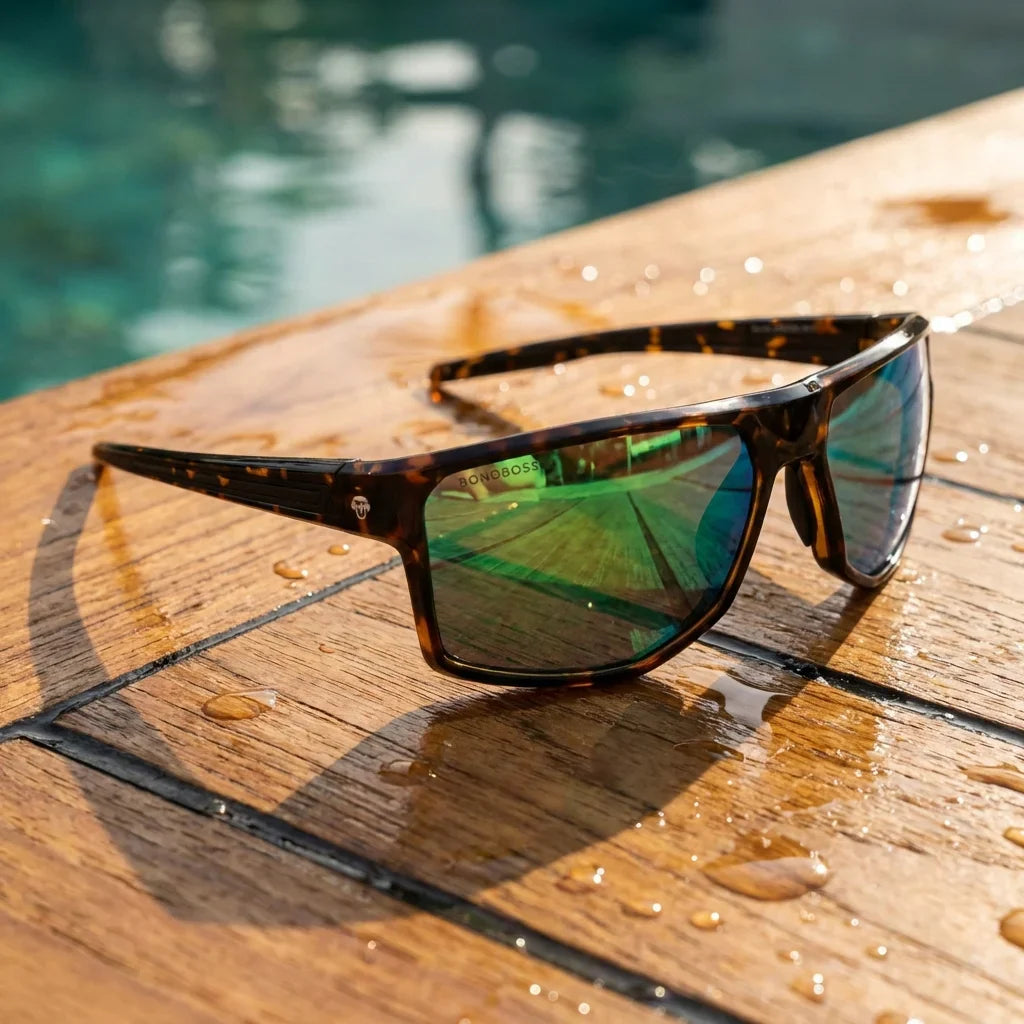 Lentes sol Ollie polarizados bio-acetato espejado verde sobre teca agua fresca detalle natural Bonoboss #editorial_detail1 #color_espejado-verde