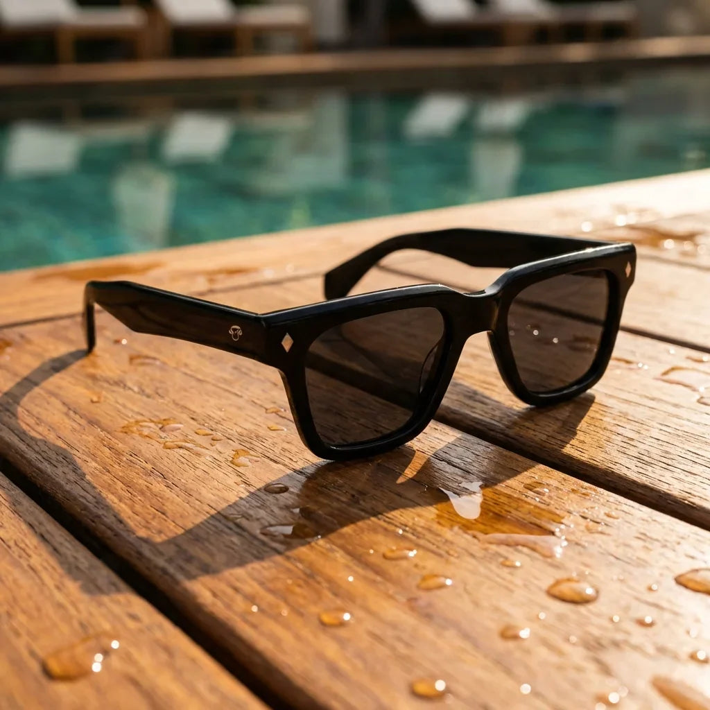 Lentes sol Bruno polarizados UV400 sobre madera teca con agua fresca Bonoboss #color_negro