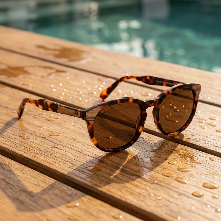 Lentes sol Chiloé 0084 polarizados UV400 sobre madera teca con agua fresca Bonoboss #editorial_grid1 #color_carey