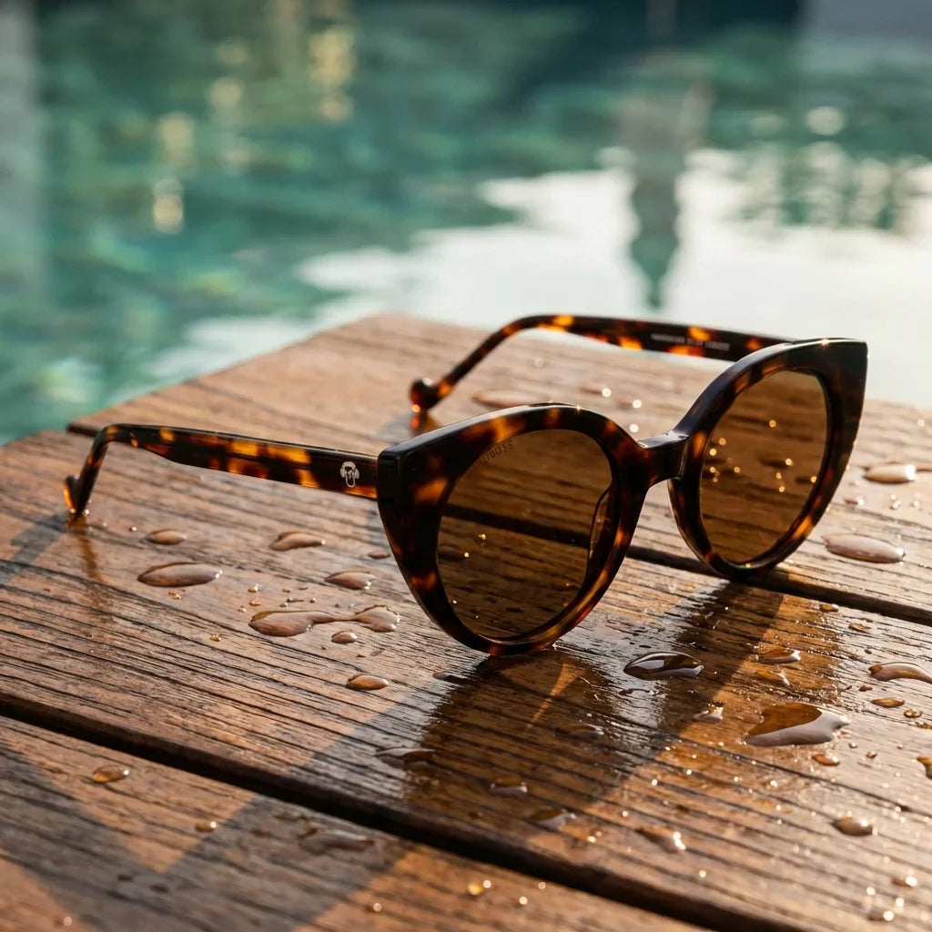 Lentes sol Hannover polarizados UV400 sobre madera teca con agua fresca Bonoboss #color_carey