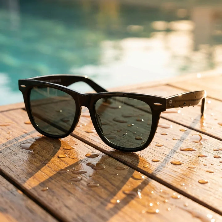 Lentes sol Valencia polarizados UV400 sobre madera teca con agua fresca Bonoboss #color_negro