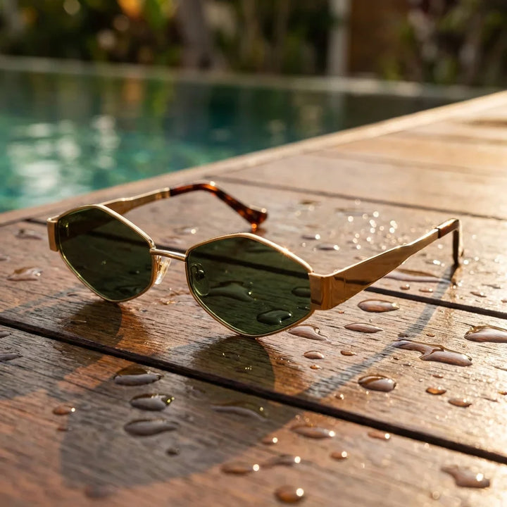 Lentes sol Valkyrie polarizados UV400 sobre madera teca con agua fresca Bonoboss #color_g15