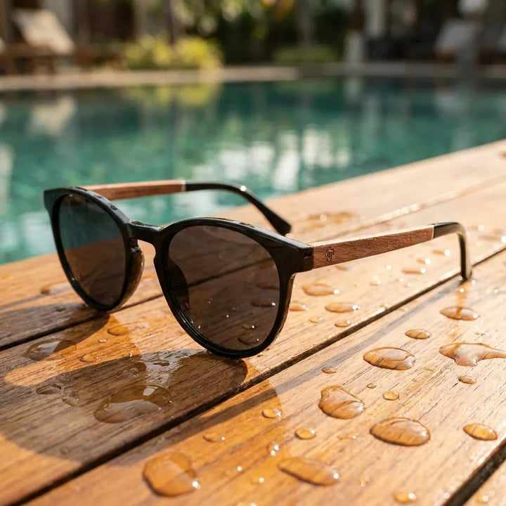 Lentes sol Chiloe 220 Black polarizados UV400 black sobre teca con agua fresca Bonoboss #editorial_grid1 #color_black