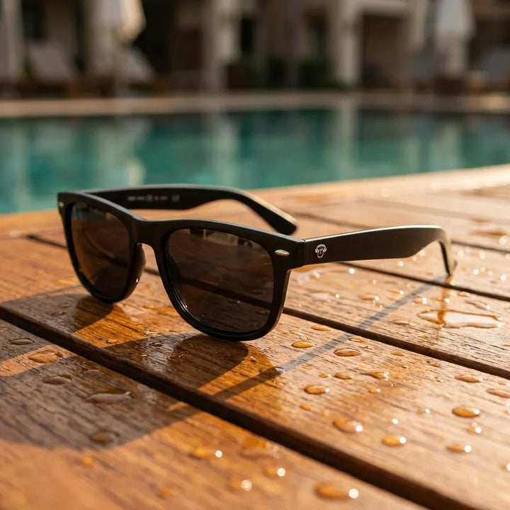 Lentes sol Acacia XL polarizados UV400 sobre madera teca con agua fresca Bonoboss #color_negro