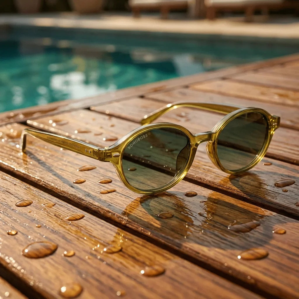 Lentes sol Capri polarizados UV400 sobre madera teca con agua fresca Bonoboss #editorial_grid1 #color_olive-light
