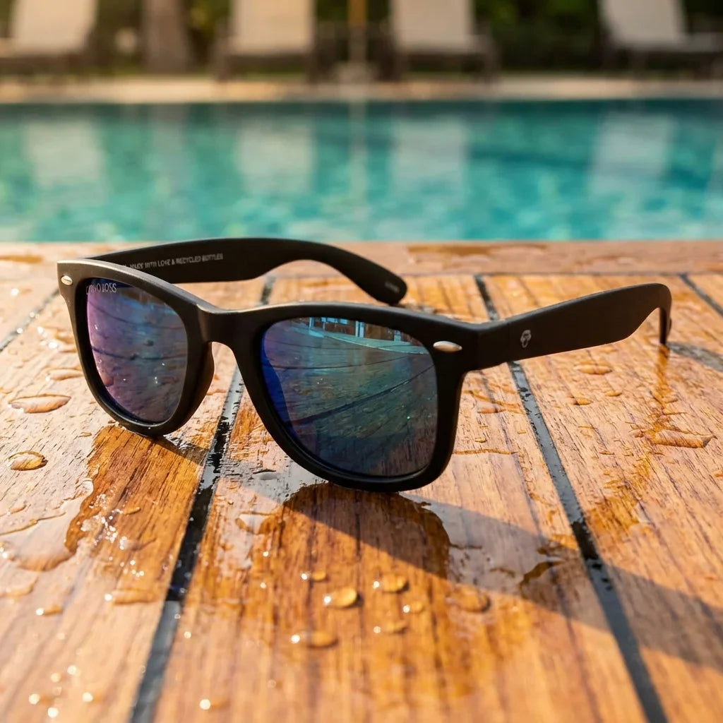 Lentes sol Acacio RPET polarizados UV400 sobre madera teca con agua fresca Bonoboss #color_sky