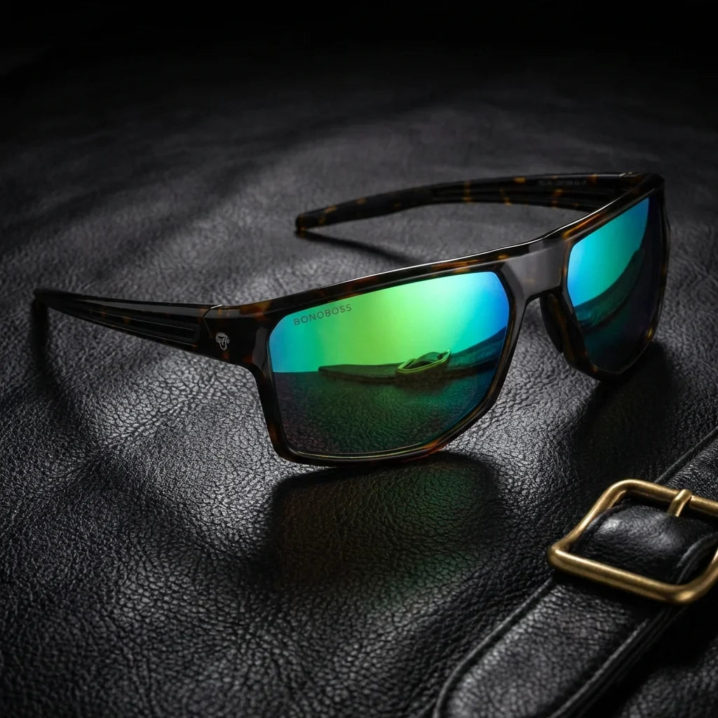 Lentes sol Ollie polarizados UV400 bio-acetato espejado verde sobre cuero brass detalle superficie premium Bonoboss #editorial_grid1 #color_espejado-verde