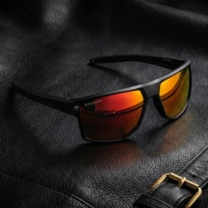 Lentes sol Ollie polarizados UV400 bio-acetato espejado naranjo sobre cuero brass detalle premium Bonoboss #editorial_polarizado #color_espejado-naranjo