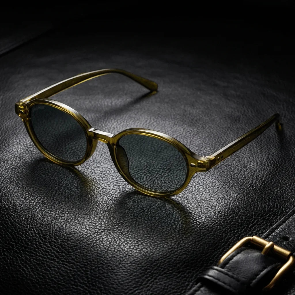 Lentes sol Capri polarizados UV400 RPET reciclado olive light sobre cuero negro detalle brass premium Bonoboss #editorial_grid1 #color_olive-light