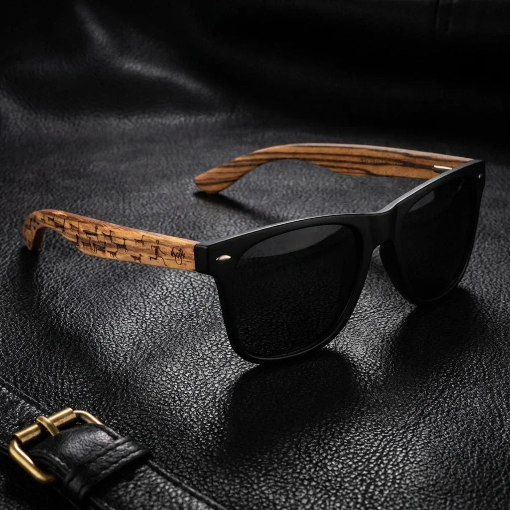 Lentes sol Acacia Designers polarizados UV400 llamas sobre cuero negro detalle brass premium Bonoboss #editorial_detail1 #color_llamas