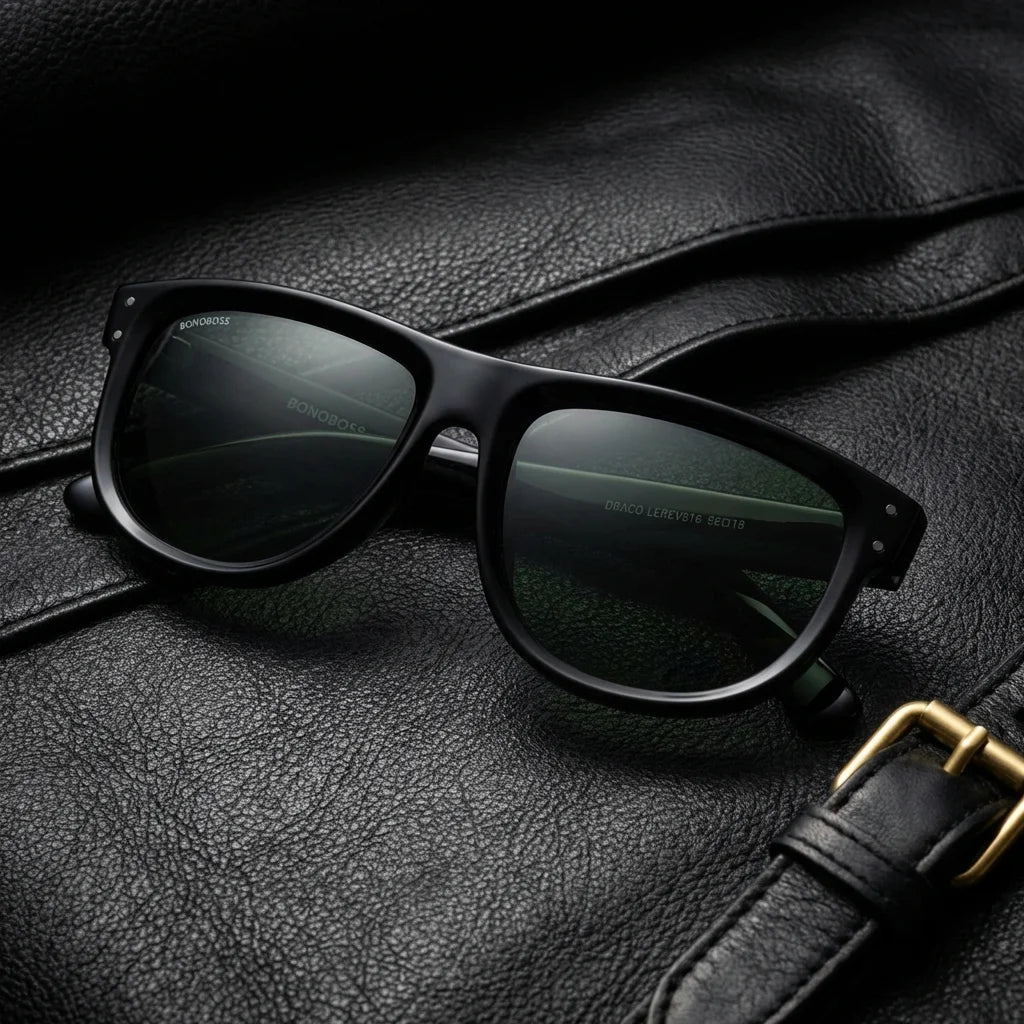 Lentes sol GirlFriend Reverse polarizados UV400 bio-acetato g15 sobre cuero negro detalle brass premium elegante Bonoboss #editorial_polarizado #color_g15