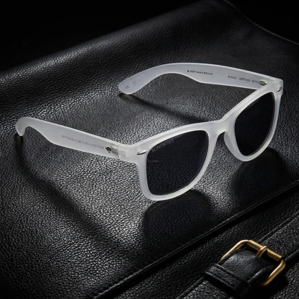 Lentes sol Acacio rPET polarizados UV400 RPET reciclado transparente sobre cuero negro detalle brass premium Bonoboss #editorial_polarizado #color_transparente