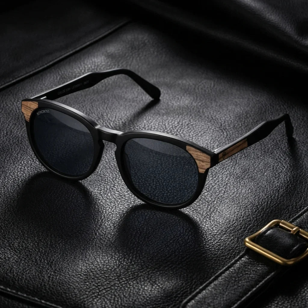 Lentes sol Chiloé 0084 polarizados UV400 sobre cuero negro detalle brass premium Bonoboss #color_negro