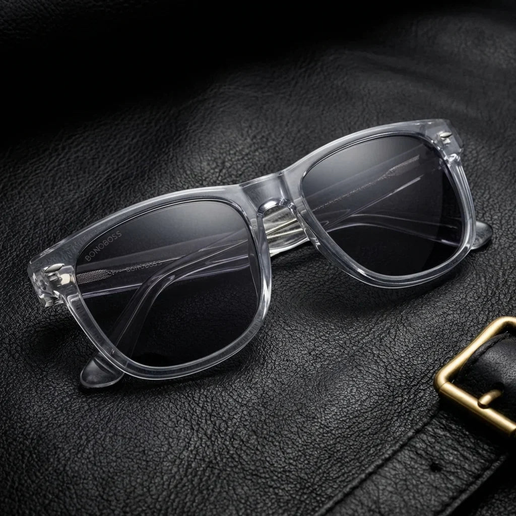 Lentes sol Acacia XL Vintage Sol Polarizado UV400 transparente sobre cuero negro detalle brass premium Bonoboss #editorial_polarizado #color_transparente