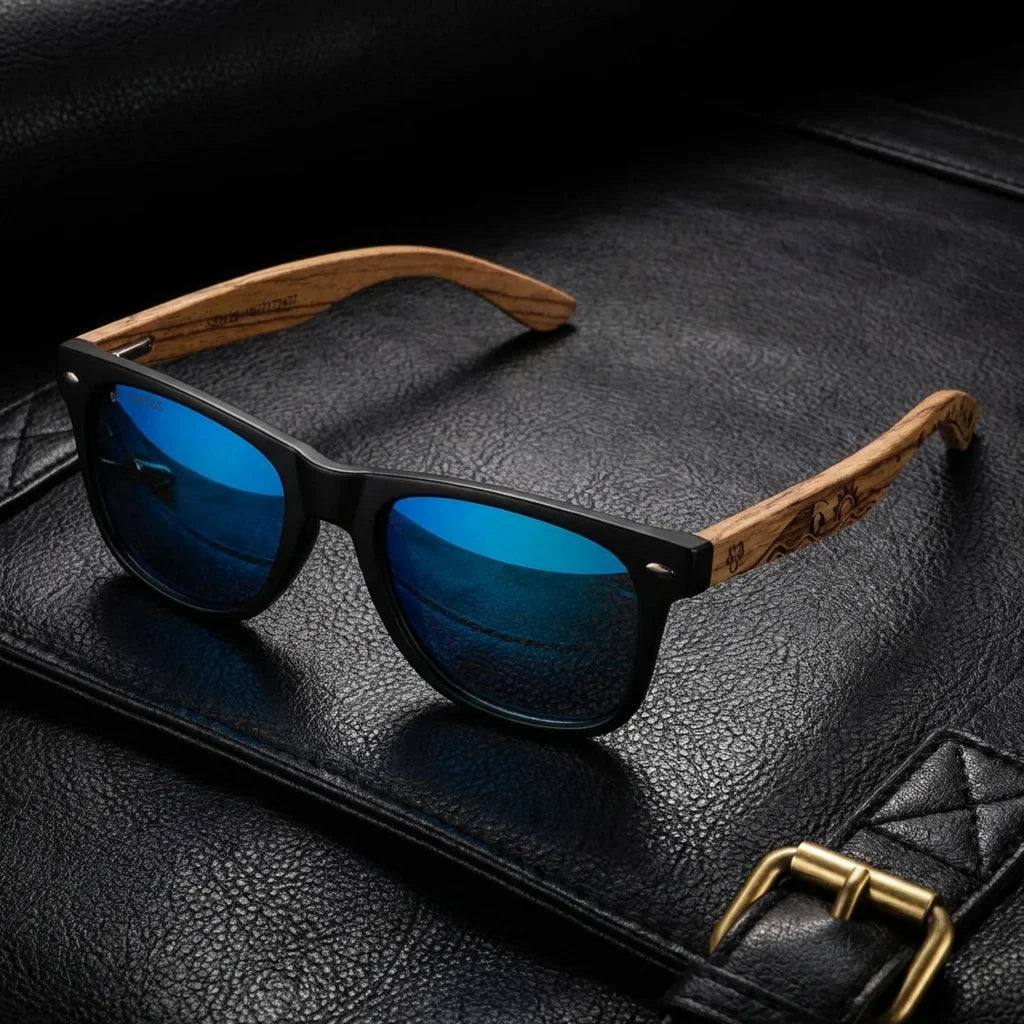 Lentes sol Acacia Designers polarizados UV400 surf sky sobre cuero negro detalle brass premium Bonoboss #editorial_polarizado #color_surf-sky