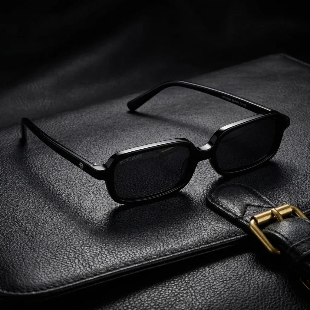 Lentes sol Navarino polarizados UV400 sobre cuero negro detalle brass premium Bonoboss #color_negro