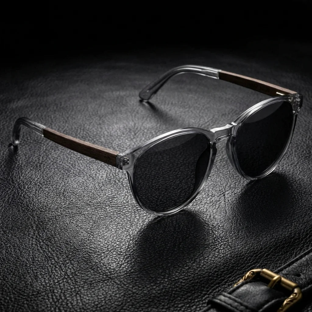 Lentes sol Chiloe 220 Black polarizados UV400 transparente sobre cuero negro detalle brass premium Bonoboss #editorial_polarizado #color_transparente