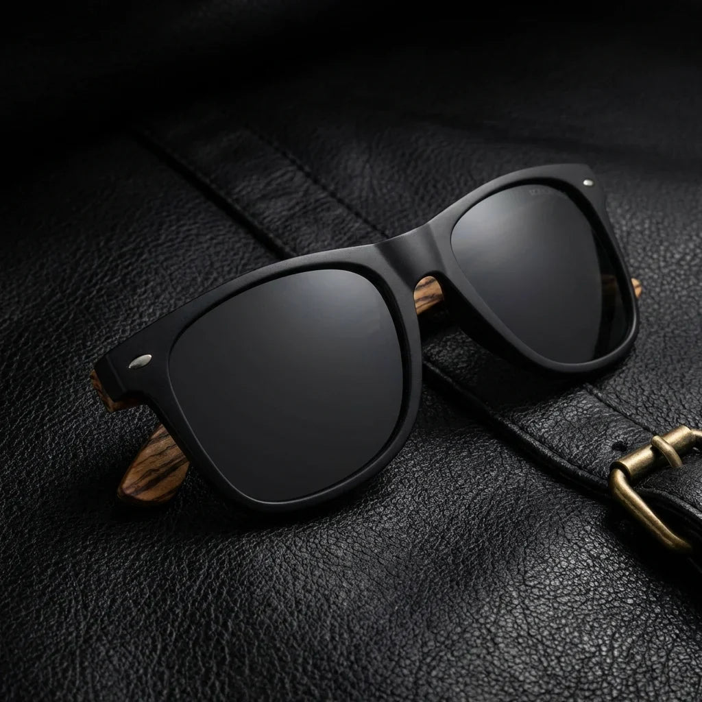 Lentes sol Acacia Designers polarizados UV400 waves sobre cuero negro detalle brass premium Bonoboss #editorial_polarizado #color_waves