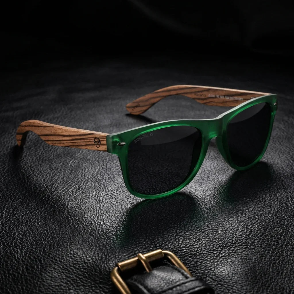Lentes sol Acacia polarizados UV400 madera zebrano Forest Smoke sobre cuero negro detalle brass premium Bonoboss #editorial_polarizado #color_forest-smoke