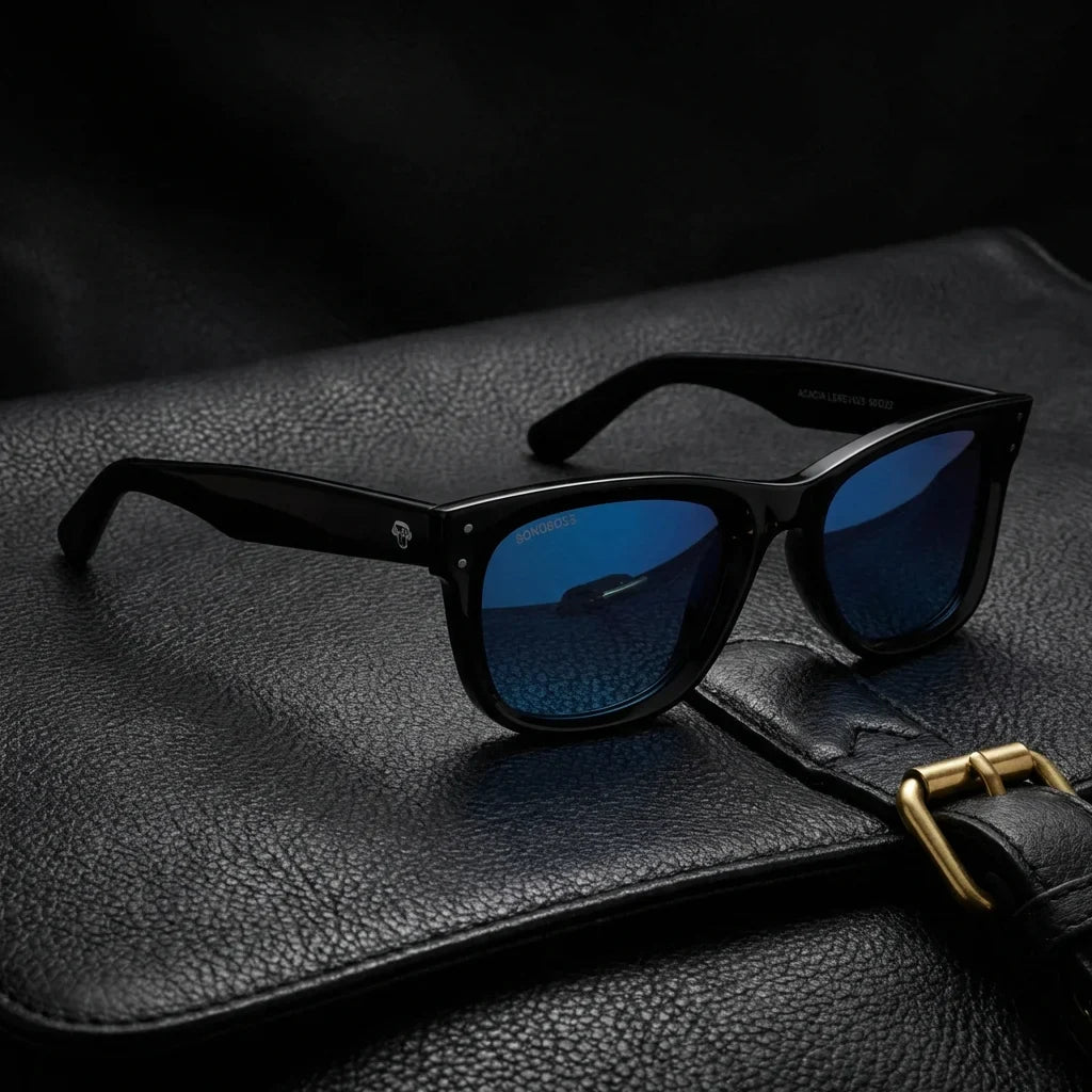 Lentes sol Acacia Reverse polarizados UV400 madera zebrano Espejado Azul sobre cuero negro detalle brass premium Bonoboss #editorial_polarizado #color_espejado-azul