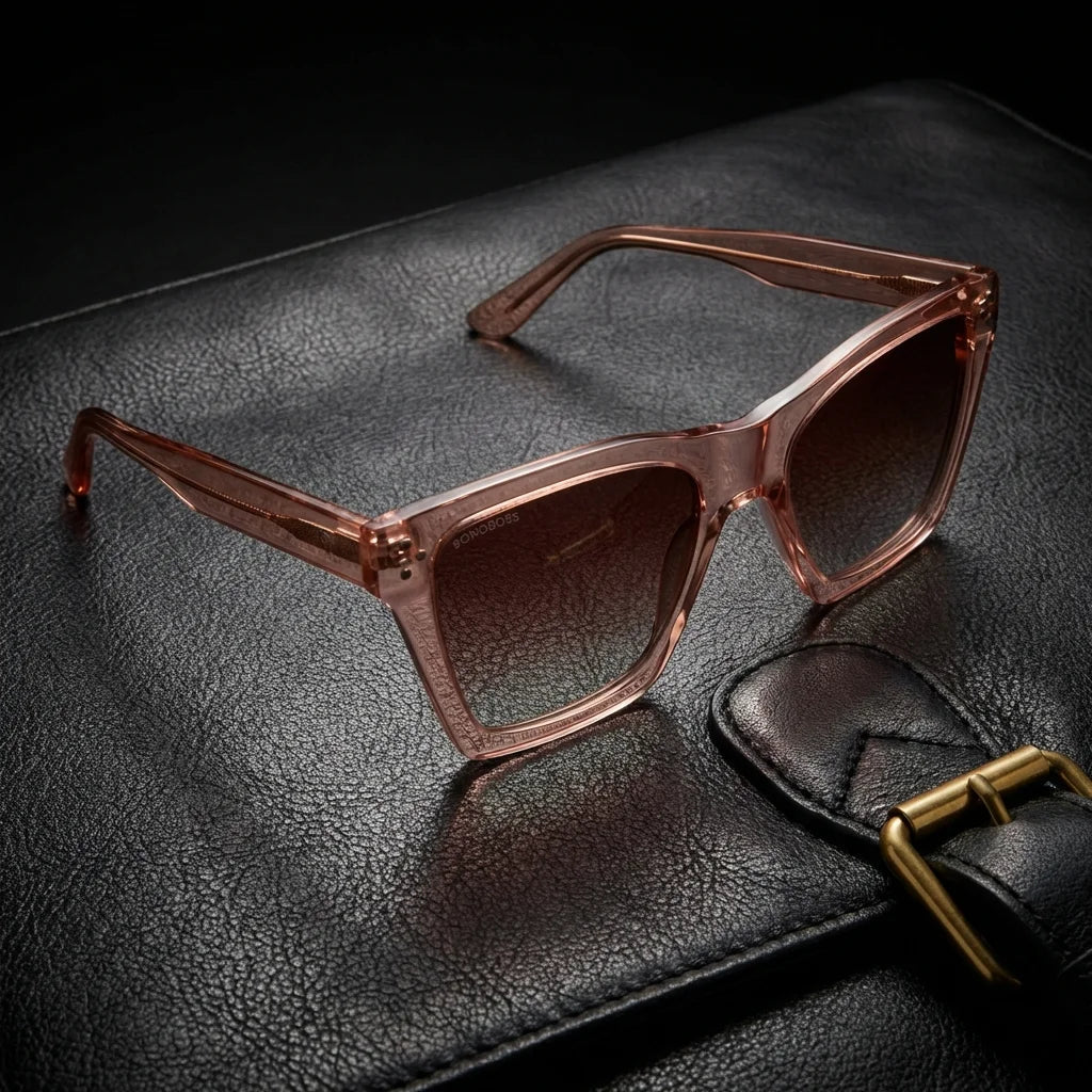 Lentes sol Bruna Retro Polarizado UV400 damasco sobre cuero negro detalle brass premium Bonoboss #editorial_polarizado #color_damasco