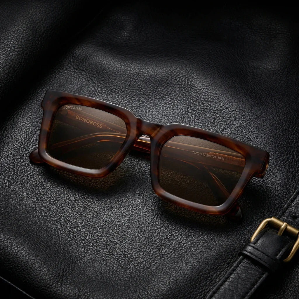 Lentes sol Tokyo polarizados UV400 bio-acetato Brown sobre cuero negro detalle brass premium Bonoboss #editorial_polarizado #color_brown