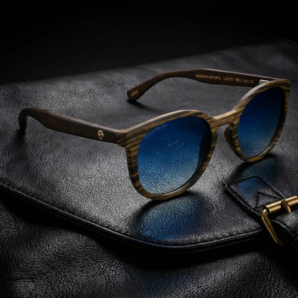 Lentes sol Meli Ebony polarizados madera ebony polarizado Degrade Azul sobre cuero negro detalle brass premium Bonoboss #editorial_detail1 #color_degrade-azul