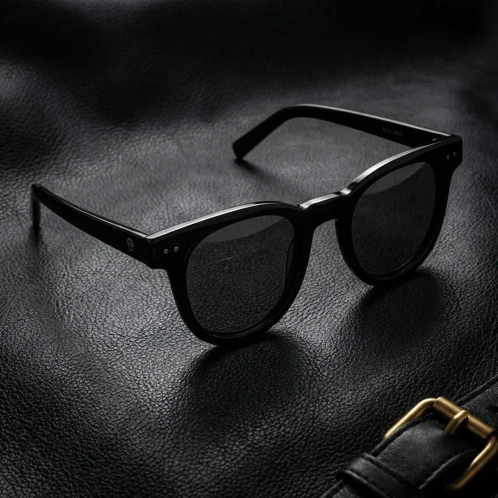 Lentes sol Meli polarizados UV400 bio-acetato negro sobre cuero negro detalle brass premium elegante Bonoboss #editorial_polarizado #color_negro