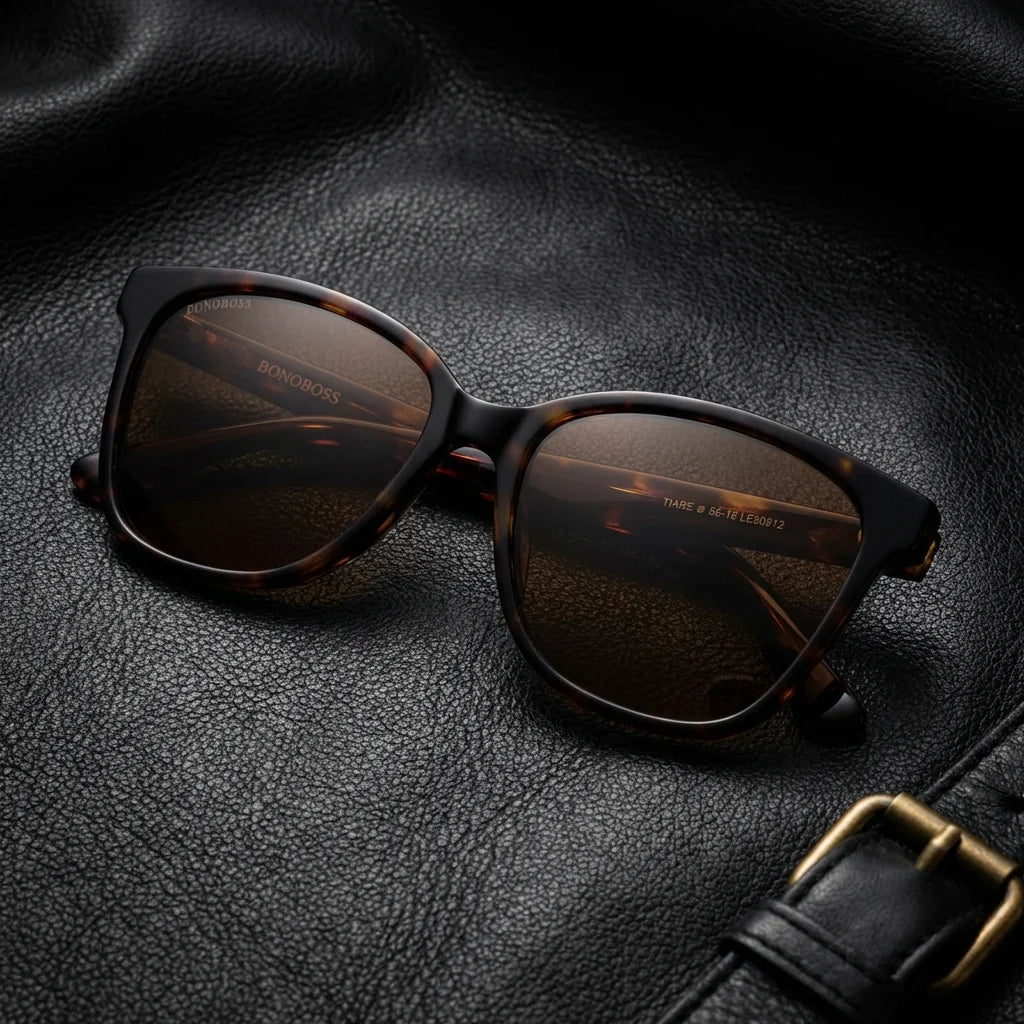 Lentes sol Tiare ❀ polarizados UV400 sobre cuero negro detalle brass premium Bonoboss #color_carey